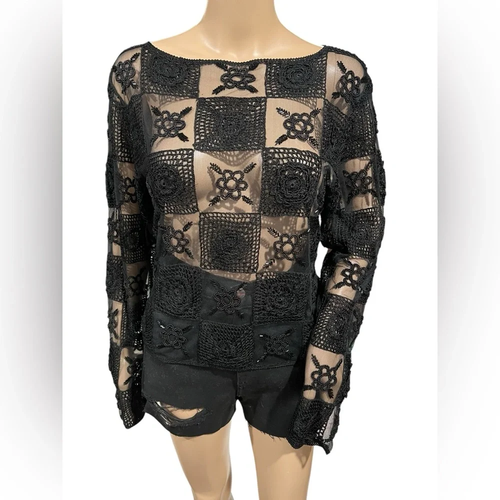 Y2K Vintage CACHE Crotchet Top Womens Size 6 Mesh Beaded Black Boho Festival